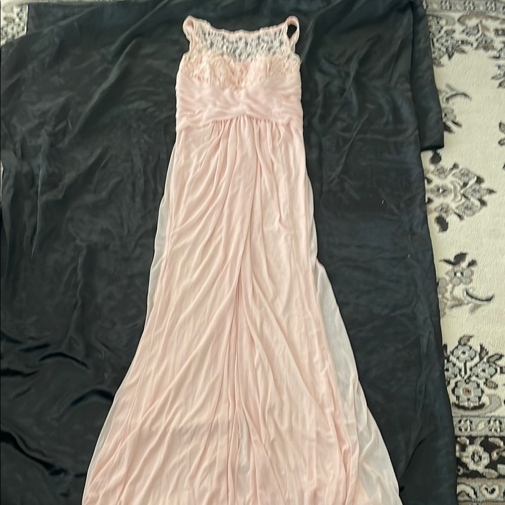 David's Bridal Pink Embellished Sequin Gown with Spaghetti Straps for Weddings